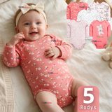 Pack 5 Bodys Manga Larga %100 Algodón Tedmimak Niña Baby Pink