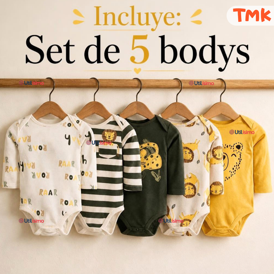 Set 5 Bodys Modelos Surtidos Manga Larga Algodón Niño