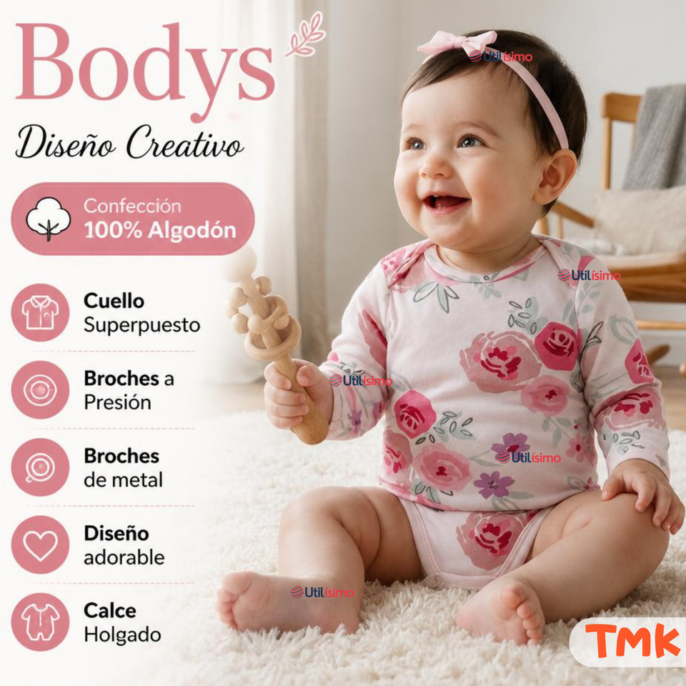 Pack 4 Bodys Manga Larga %100 Algodón Tedmimak Niña Baby Pink