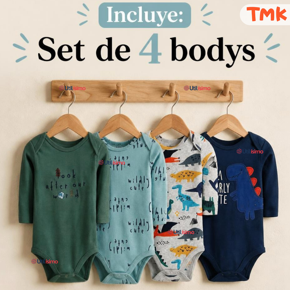 Pack 4 Bodys Manga Larga %100 Algodón Tedmimak Niño Baby Dino