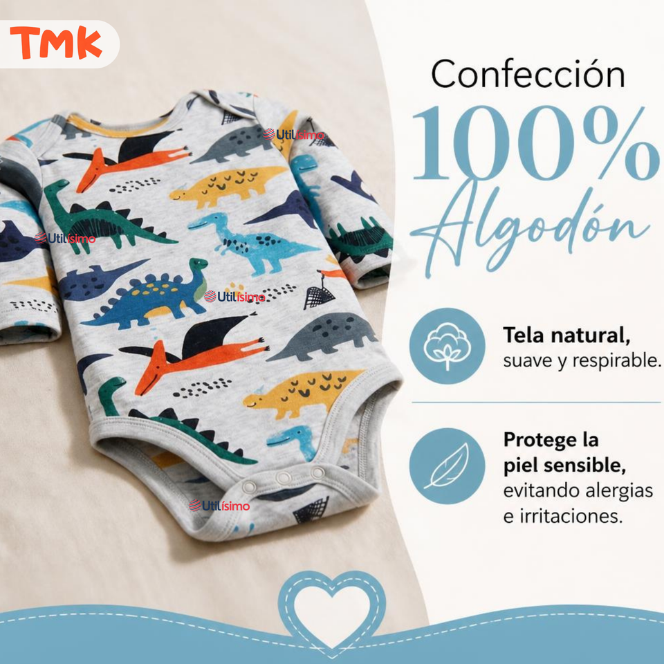 Pack 4 Bodys Manga Larga %100 Algodón Tedmimak Niño Baby Dino