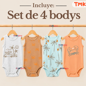 Pack 4 Bodys Sin Mangas 100% Algodón Tedmimak Bebé Niño Sun & Palms