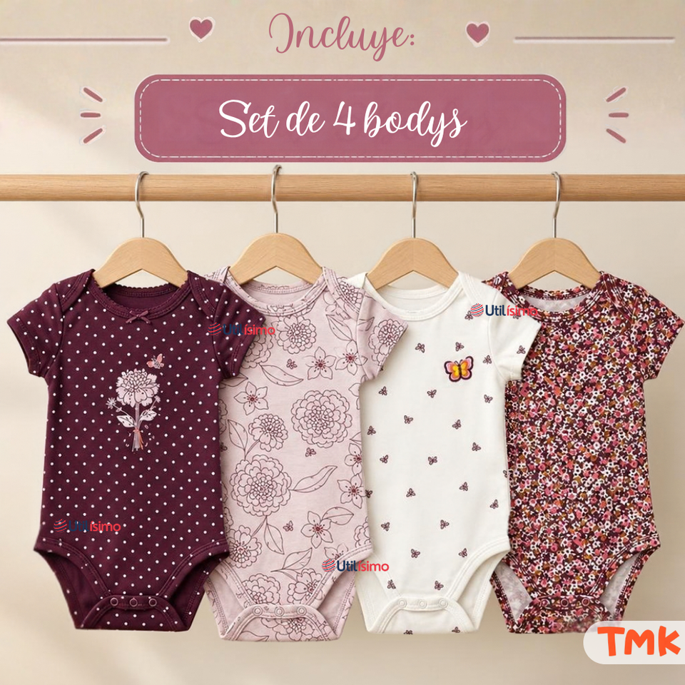 Pack 4 Bodys Manga Corta 100% Algodón Tedmimak Bebé Niña Violet