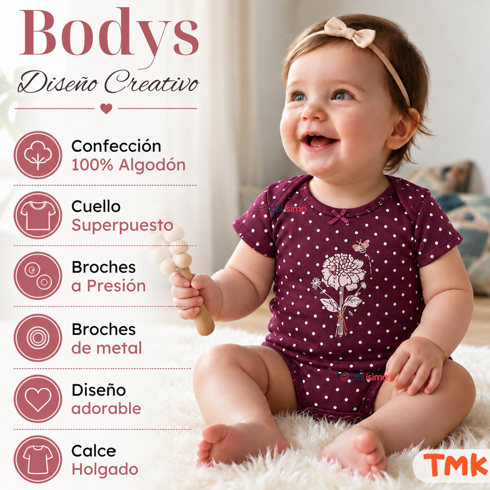 Pack 4 Bodys Manga Corta 100% Algodón Tedmimak Bebé Niña Violet