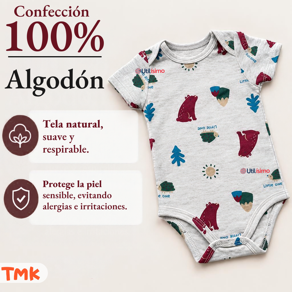 Pack 4 Bodys Manga Corta 100% Algodón Tedmimak Bebé Niño Forest