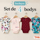 Pack 4 Bodys Manga Corta 100% Algodón Tedmimak Bebé Niña Flower