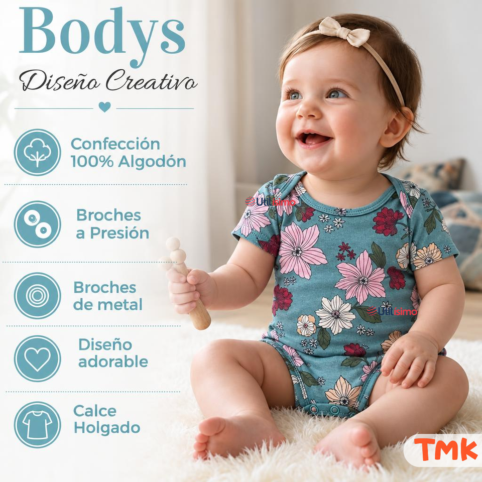 Pack 4 Bodys Manga Corta 100% Algodón Tedmimak Bebé Niña Flower