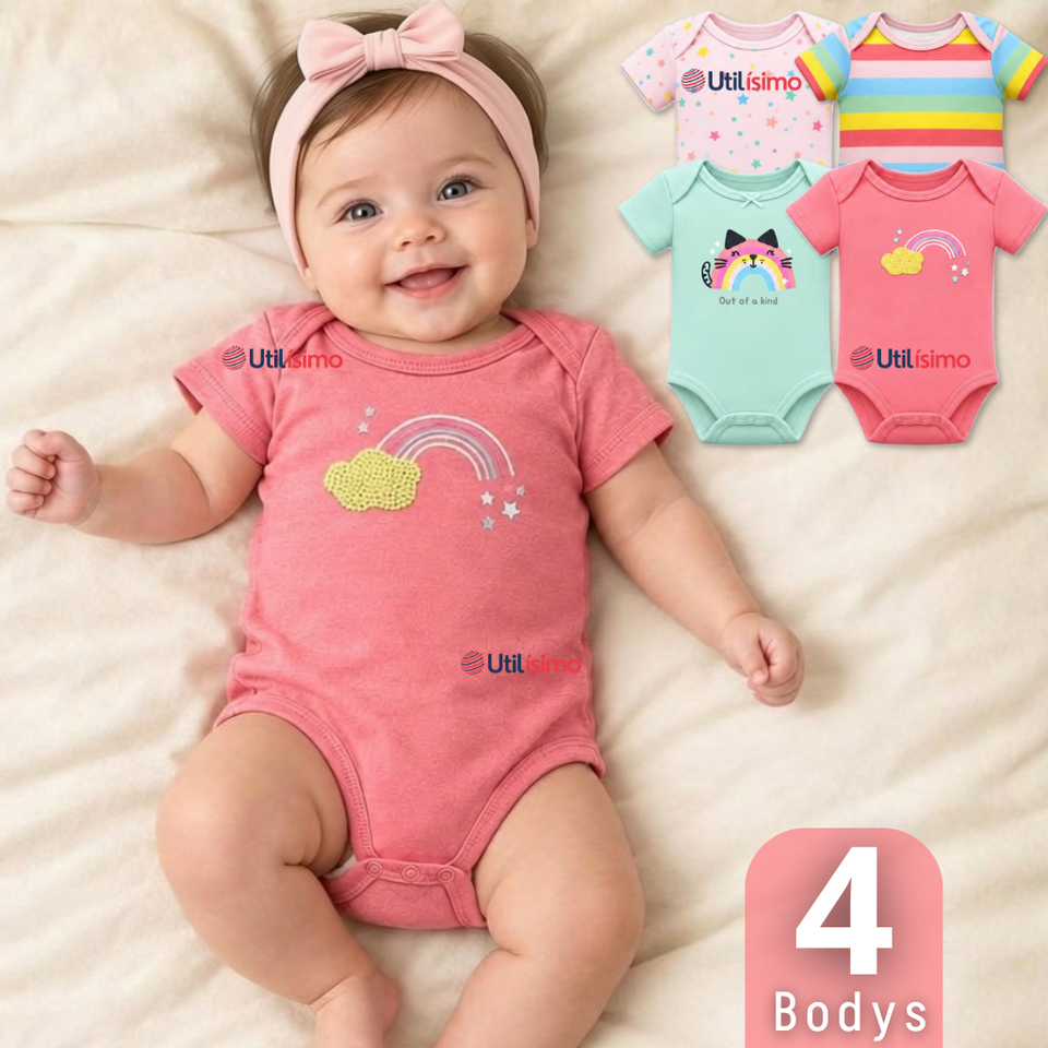 Pack 4 Bodys Manga Corta 100% Algodón Tedmimak Bebé Niña So Pink