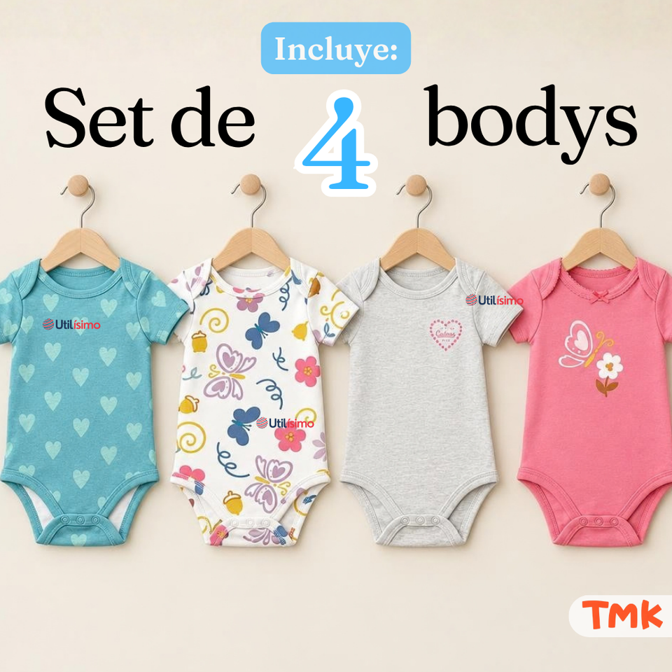 Pack 4 Bodys Manga Corta 100% Algodón Tedmimak Bebé Niña Butterfly