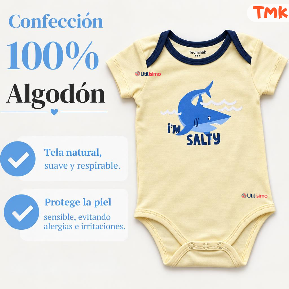 Pack 4 Bodys Manga Corta 100% Algodón Tedmimak Bebé Niño Shark