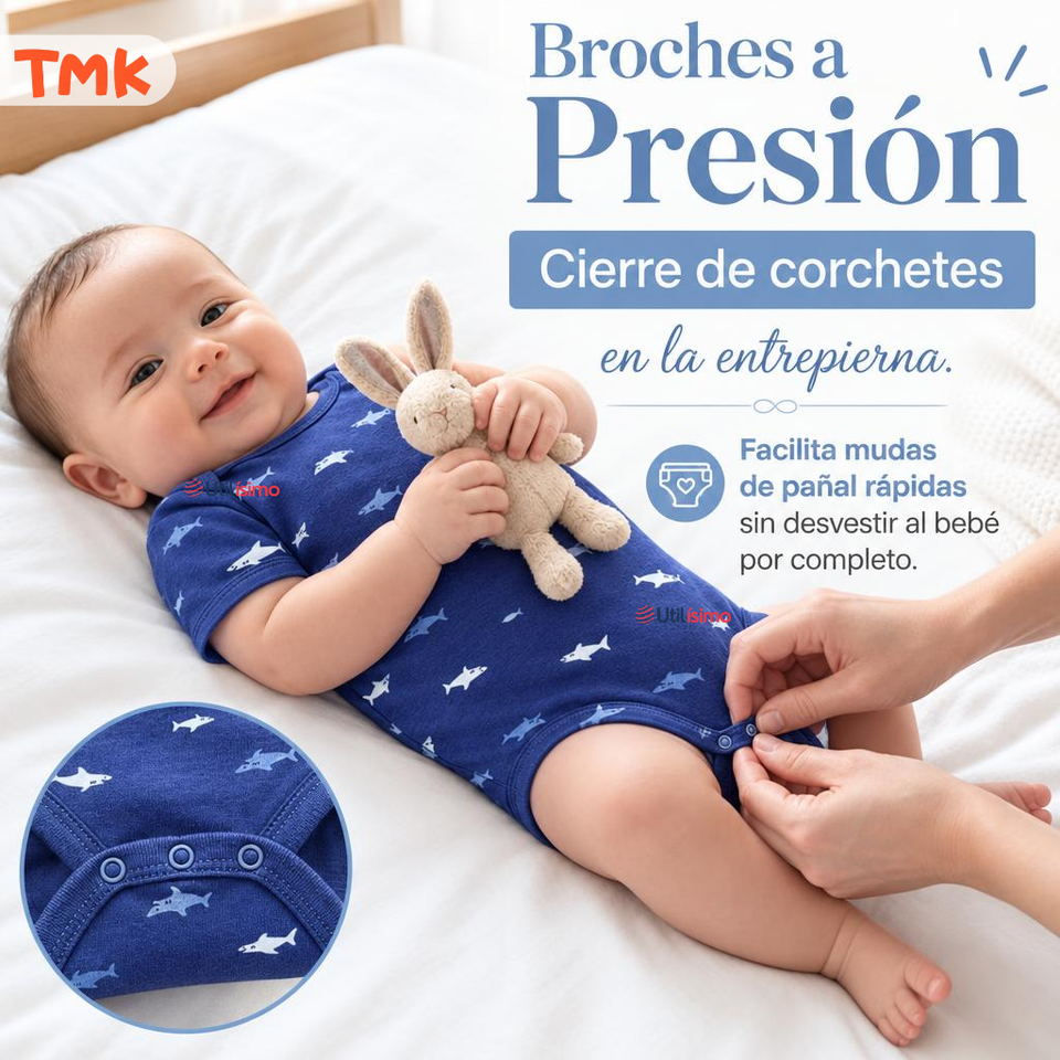 Pack 4 Bodys Manga Corta 100% Algodón Tedmimak Bebé Niño Shark