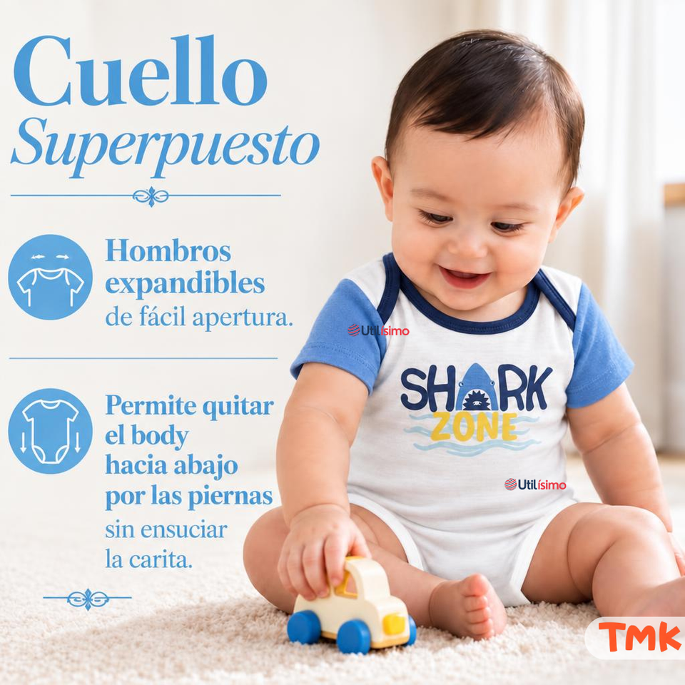 Pack 4 Bodys Manga Corta 100% Algodón Tedmimak Bebé Niño Shark