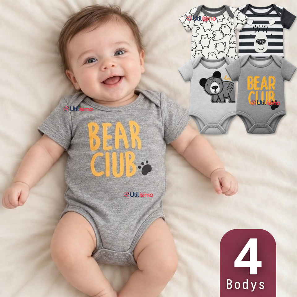 Pack 4 Bodys Manga Corta 100% Algodón Tedmimak Bebé Niño Bear