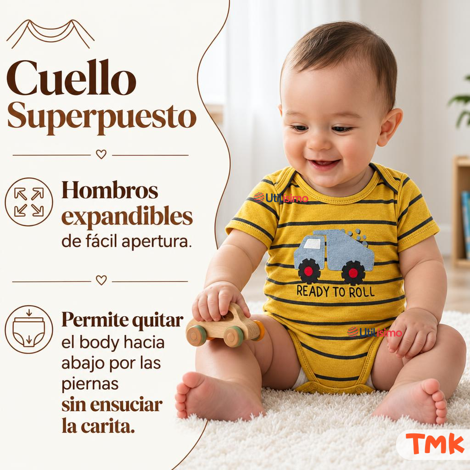 Pack 4 Bodys Manga Corta 100% Algodón Tedmimak Bebé Niño Car & Truck