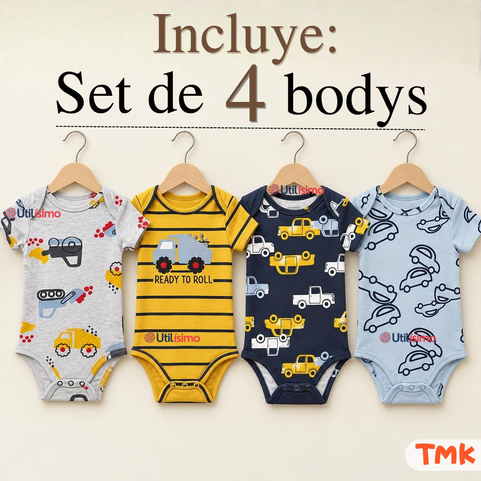 Pack 4 Bodys Manga Corta 100% Algodón Tedmimak Bebé Niño Car & Truck