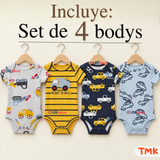Pack 4 Bodys Manga Corta 100% Algodón Tedmimak Bebé Niño Car & Truck