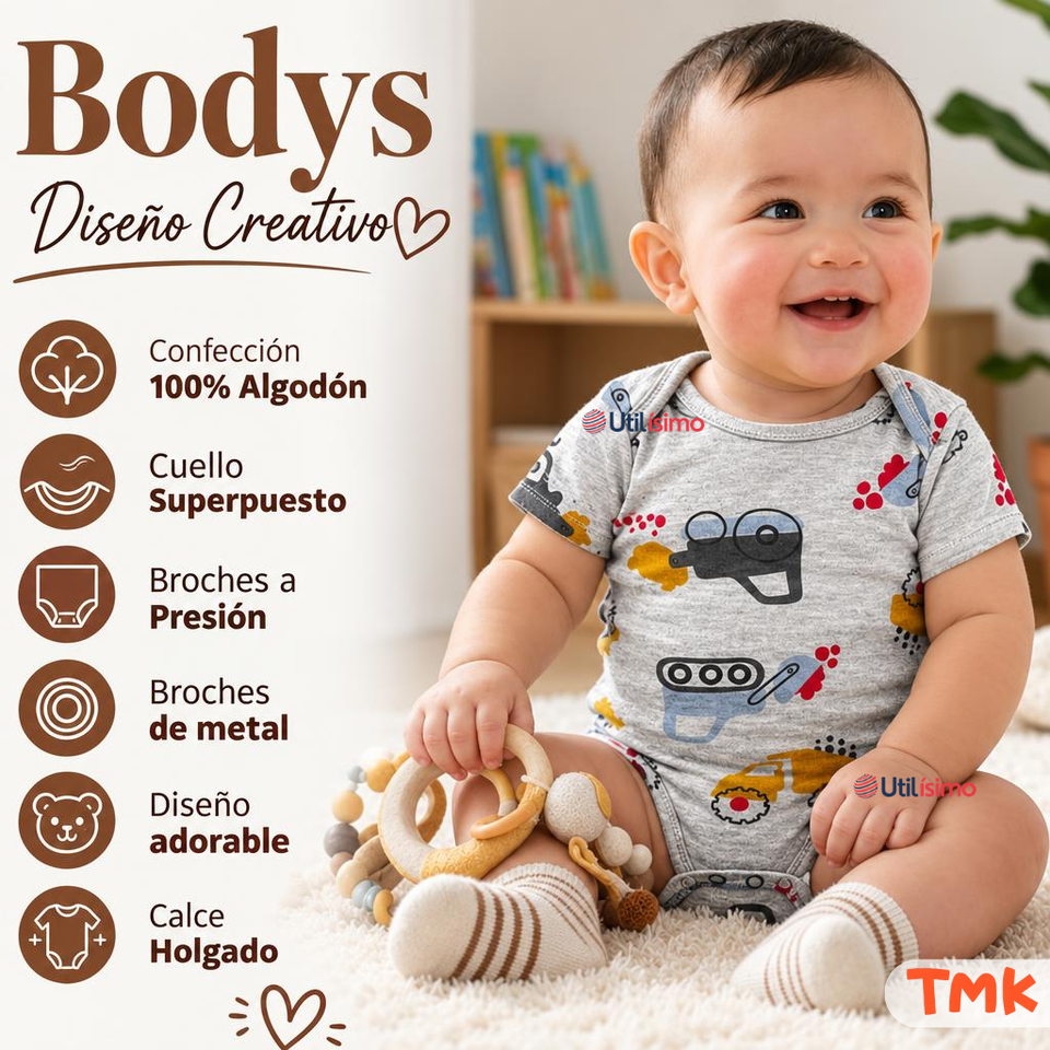 Pack 4 Bodys Manga Corta 100% Algodón Tedmimak Bebé Niño Car & Truck