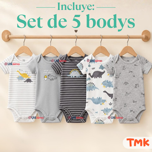 Pack 5 Bodys Manga Corta 100% Algodón Tedmimak Bebé Niño Dino Baby