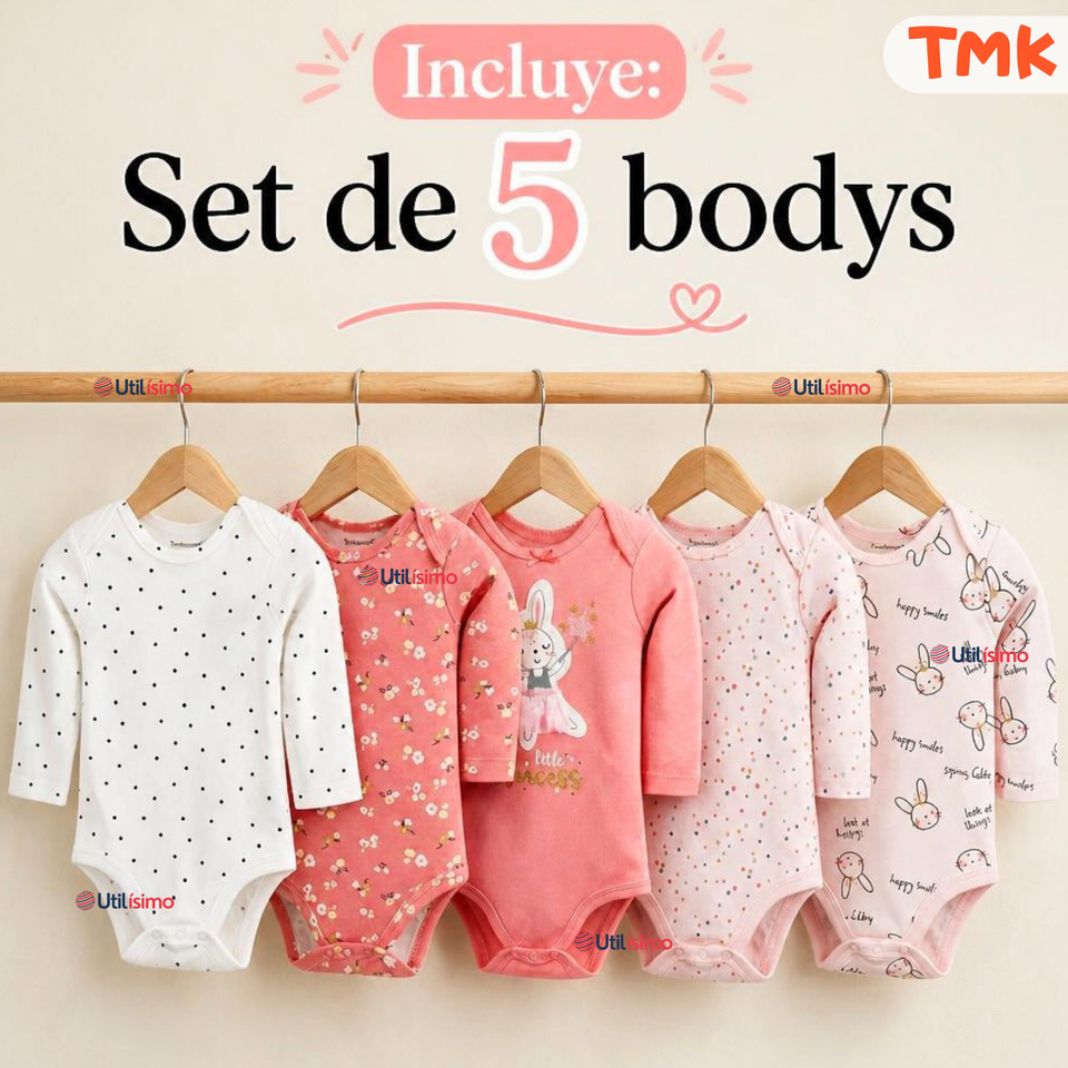 Pack 5 Bodys Manga Larga %100 Algodón Tedmimak Niña Baby Pink