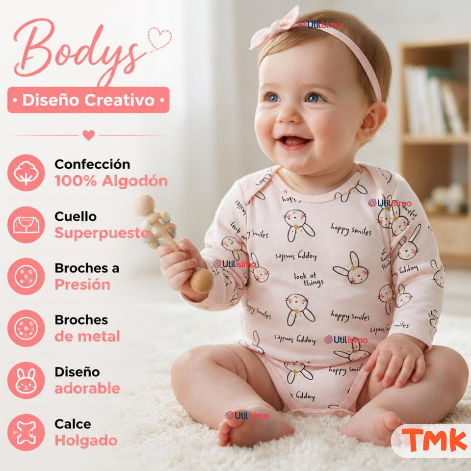 Pack 5 Bodys Manga Larga %100 Algodón Tedmimak Niña Baby Pink