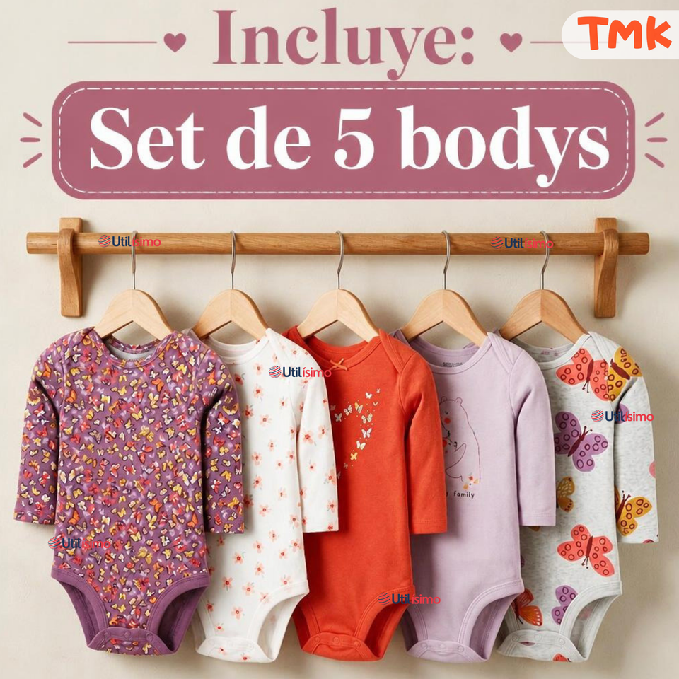Pack 5 Bodys Manga Larga %100 Algodón Tedmimak Niña Pink Flowers