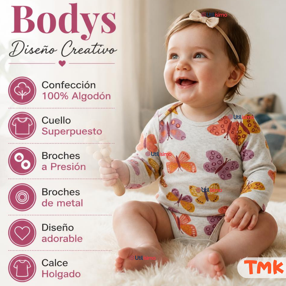 Pack 5 Bodys Manga Larga %100 Algodón Tedmimak Niña Pink Flowers