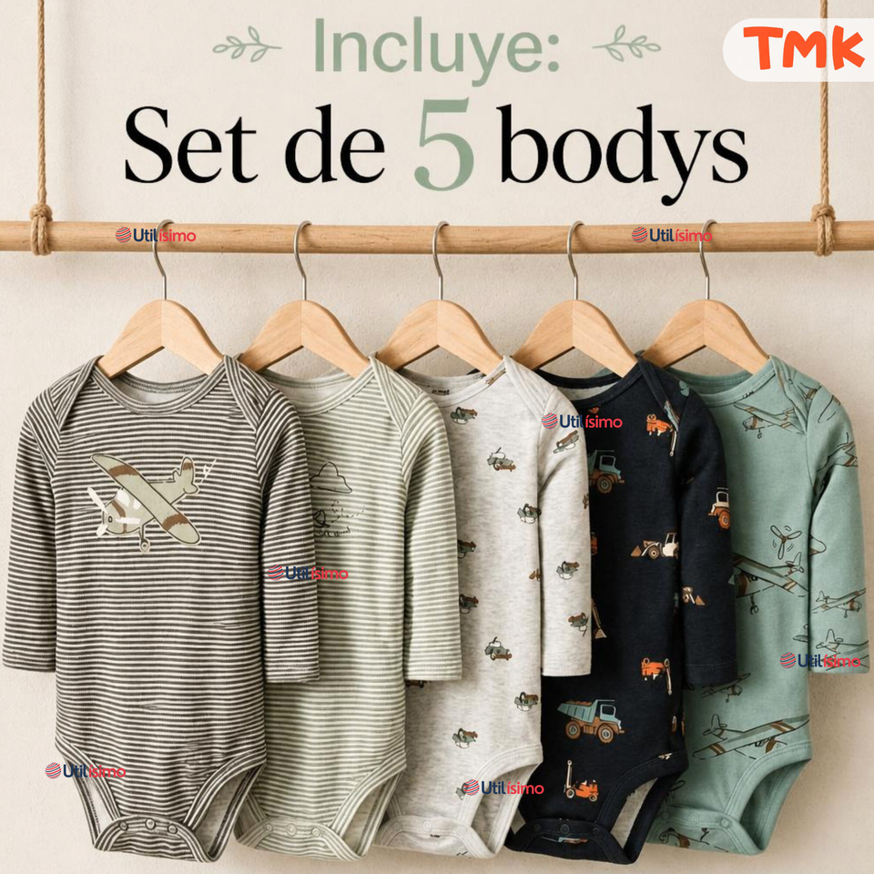 Set 5 Bodys Modelos Surtidos Manga Larga Algodón Niño