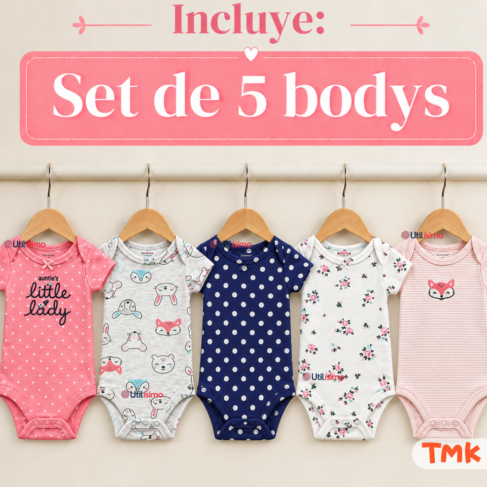 Pack 5 Bodys Manga Corta 100% Algodón Tedmimak Bebé Niña Tiny Animals