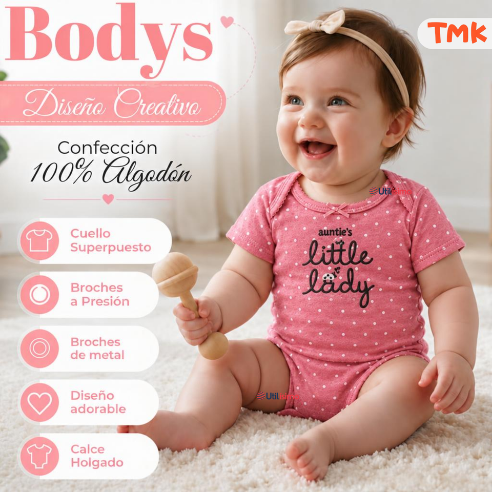 Pack 5 Bodys Manga Corta 100% Algodón Tedmimak Bebé Niña Tiny Animals