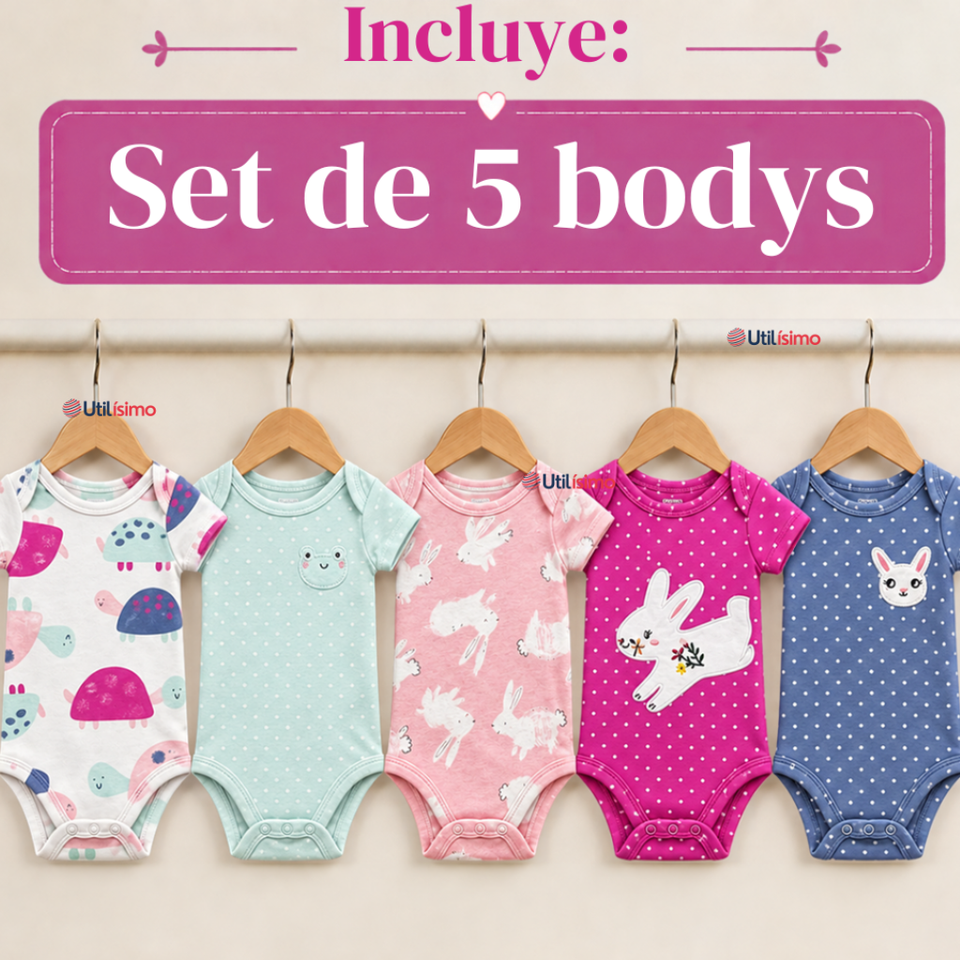 Pack 5 Bodys Manga Corta 100% Algodón Tedmimak Bebé Niña Bunny