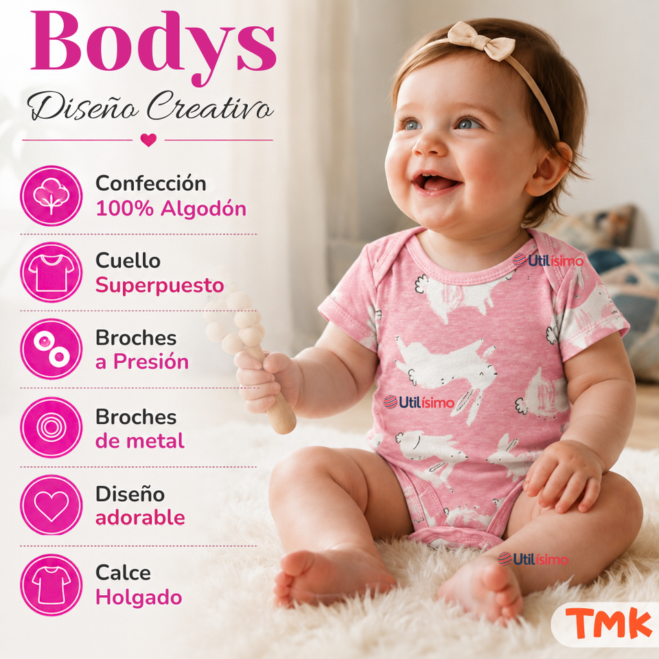 Pack 5 Bodys Manga Corta 100% Algodón Tedmimak Bebé Niña Bunny