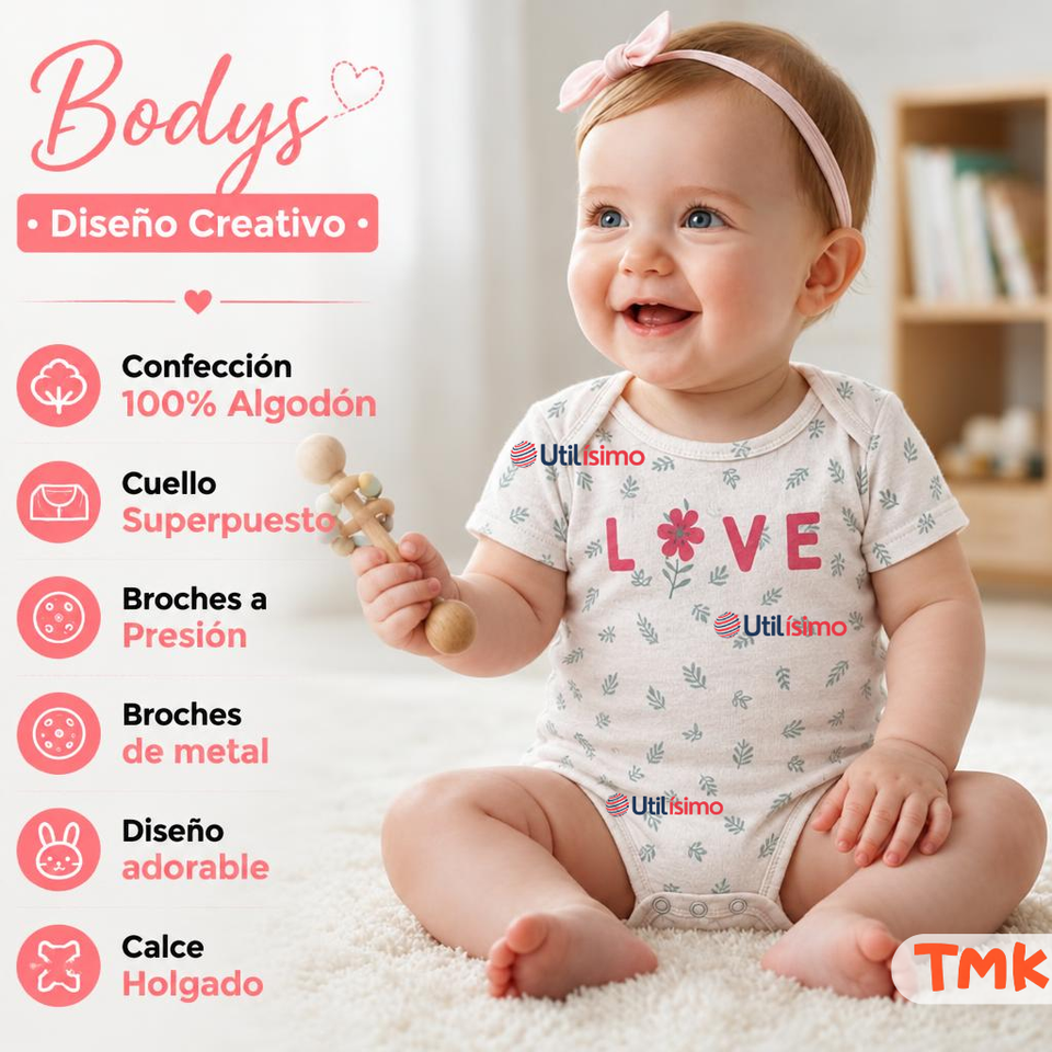 Pack 5 Bodys Manga Corta 100% Algodón Tedmimak Bebé Niña Flowers