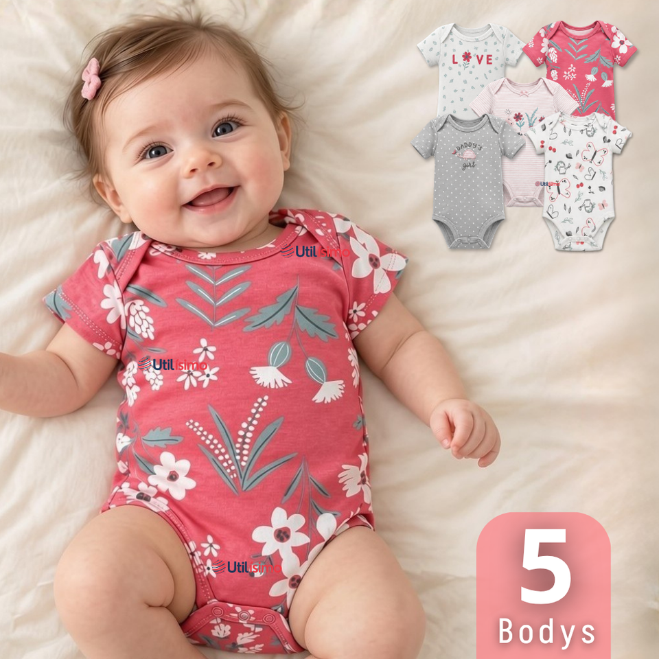 Pack 5 Bodys Manga Corta 100% Algodón Tedmimak Bebé Niña Flowers