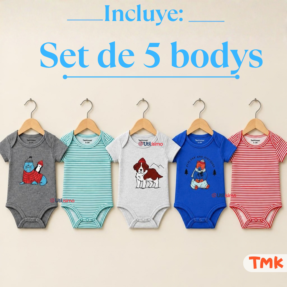 Pack 5 Bodys Manga Corta 100% Algodón Tedmimak Bebé Niño Bear