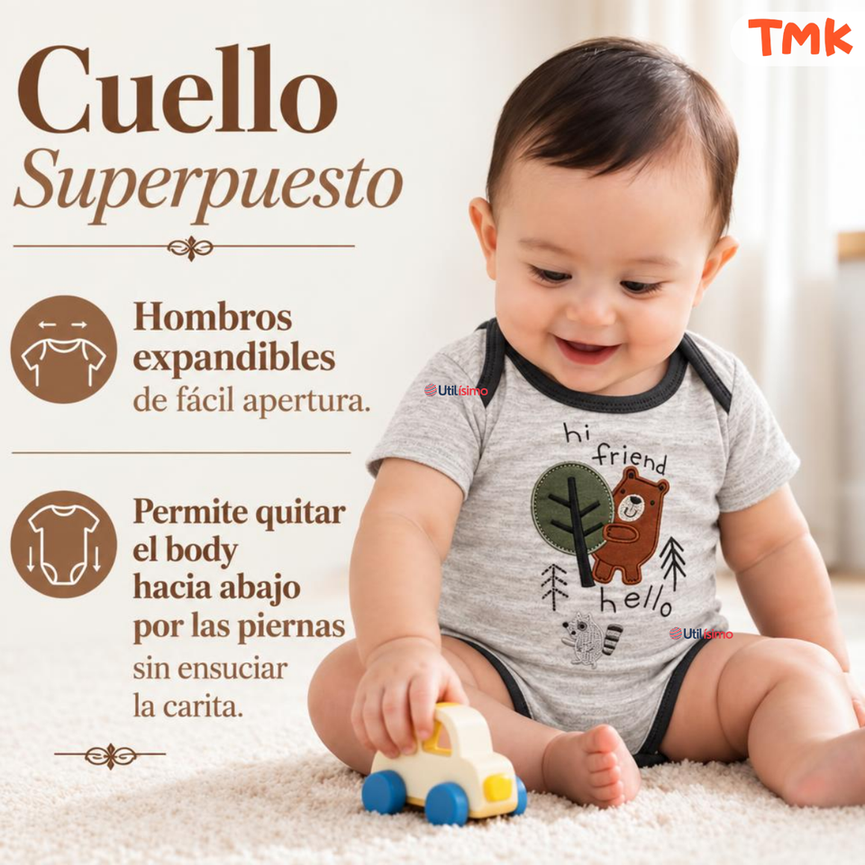 Pack 5 Bodys Manga Corta 100% Algodón Tedmimak Bebé Niño Forest