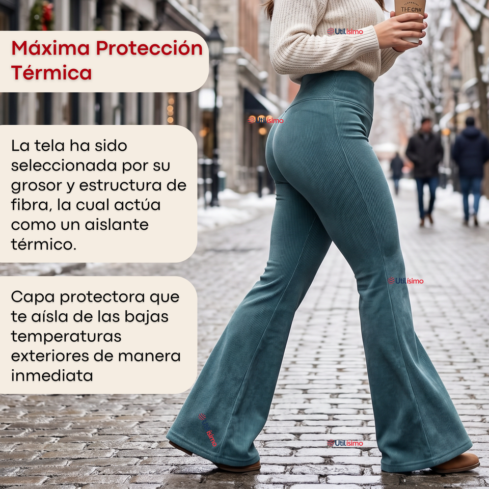 Pantalón Cotelé Palazzo Polar Con Chiporro Elasticado Térmico Verde Agua