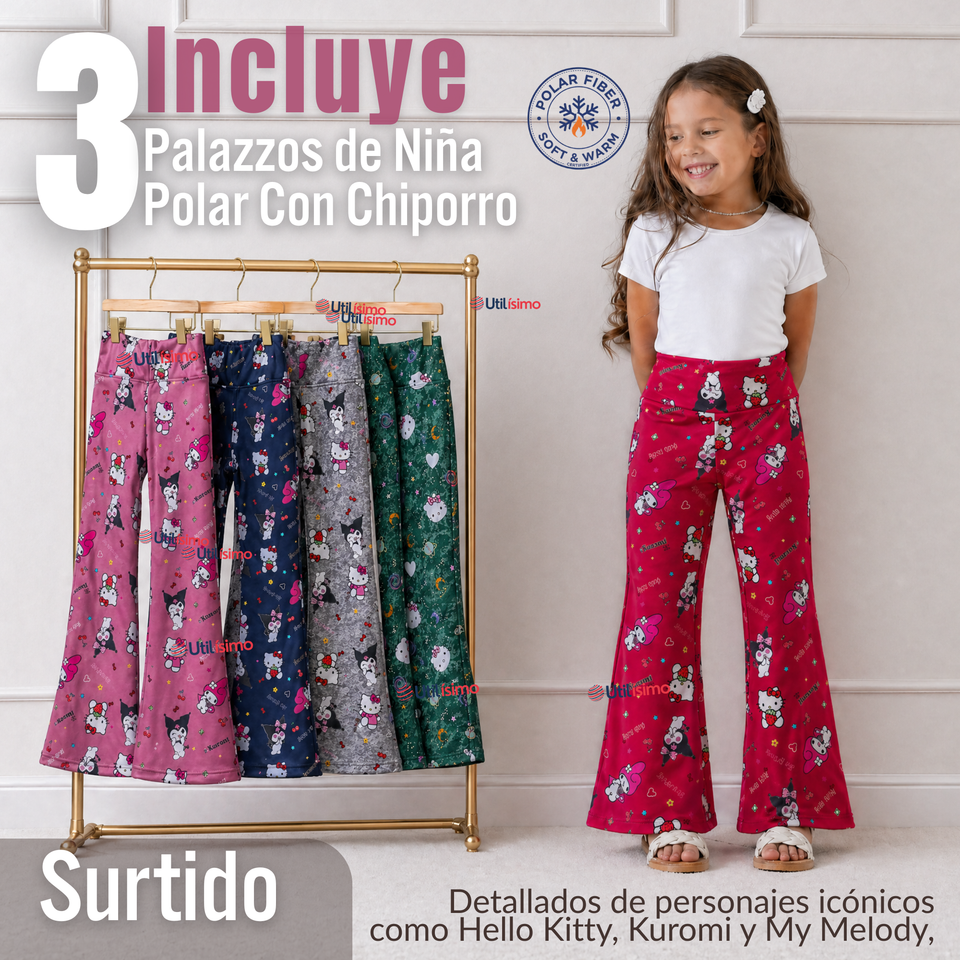 Pack 3 Buzos Pantalones Palazzos Polar Con Chiporro Niña Térmico Surtido Hello Kitty Kuromi My Melody San Río