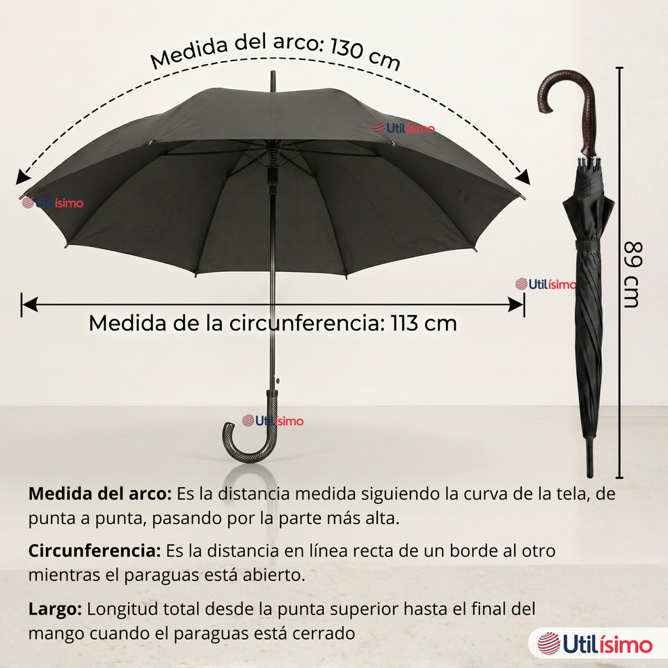 Paraguas Impermeable Grande 113Cm Sombrilla Automática Mango Largo Negro