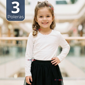 Pack 3 Camisetas Poleras Algodón Cuello Redondo Blanca Primera Capa Manga Larga Niña
