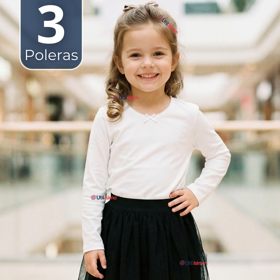 Pack 3 Camisetas Poleras Algodón Cuello Redondo Blanca Primera Capa Manga Larga Niña