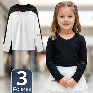Pack 3 Camisetas Poleras Algodón Cuello Redondo Primera Capa Manga Larga Colores Surtidos Niña