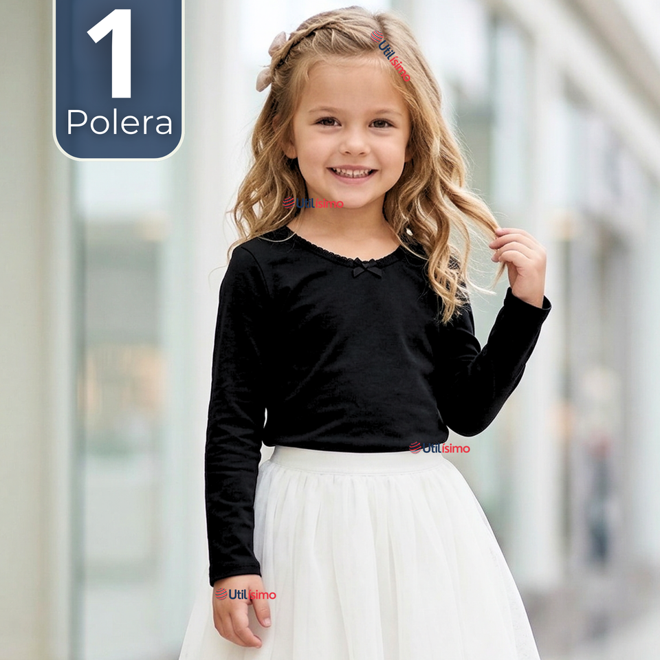 Camiseta Polera Algodón Cuello Redondo Negra Primera Capa Manga Larga Niña