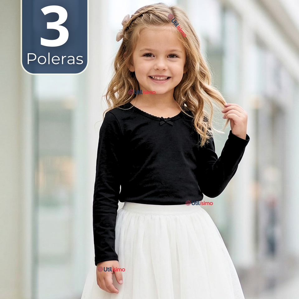 Pack 3 Camisetas Poleras Algodón Cuello Redondo Negra Primera Capa Manga Larga Niña