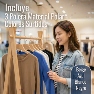 Pack 3 Camisetas Polar Polera Cuello Redondo Mujer Manga Larga Tela Acanalada Colores Surtidos