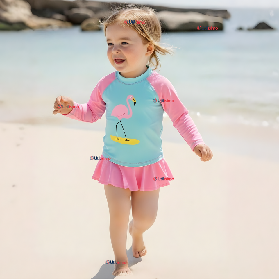 Traje De Baño Manga Larga y Pantalón Corto Con Falda Niña 2 a 7 años Pink Flamingo