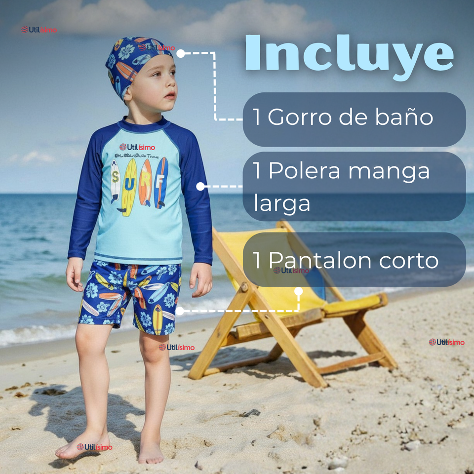 Traje De Baño Manga Larga, Pantalón Corto y Gorro Niño de 3 a 11 Surfboard