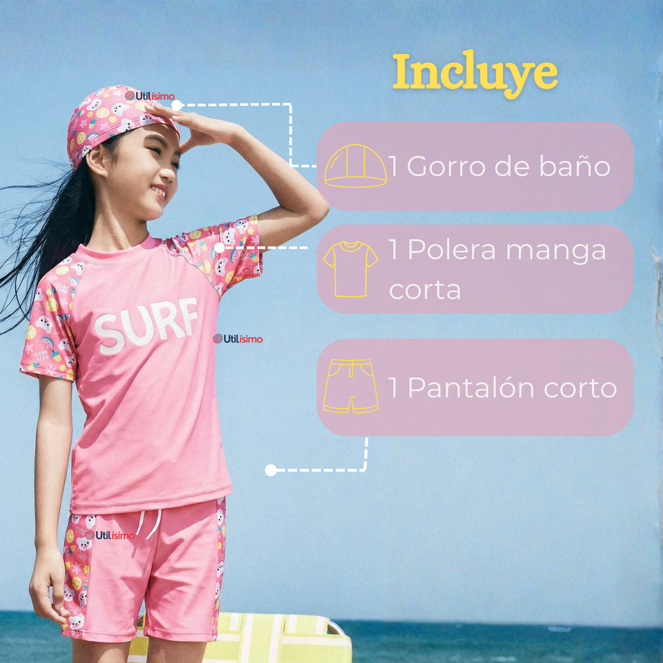 Traje De Baño Niña 4 a 14 Años Con Gorro Pantalón Corto Manga Corta 3 Piezas Surf