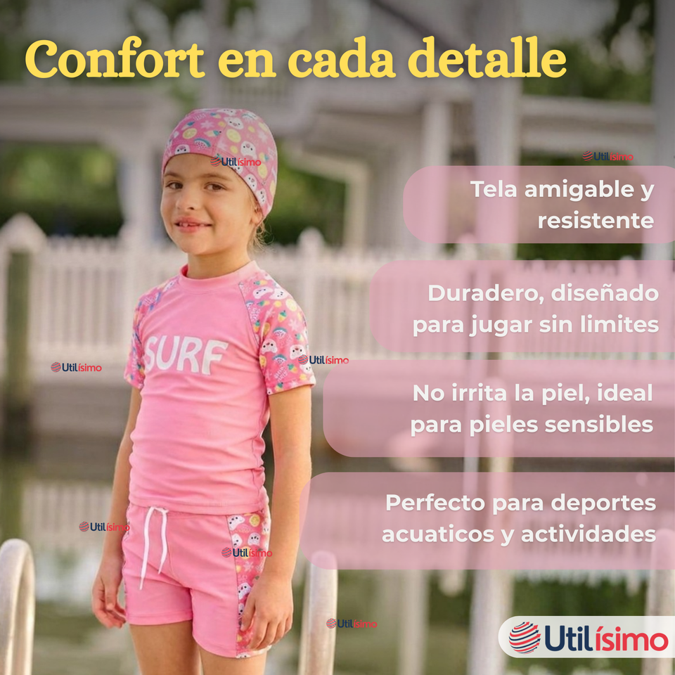 Traje De Baño Niña 4 a 14 Años Con Gorro Pantalón Corto Manga Corta 3 Piezas Surf