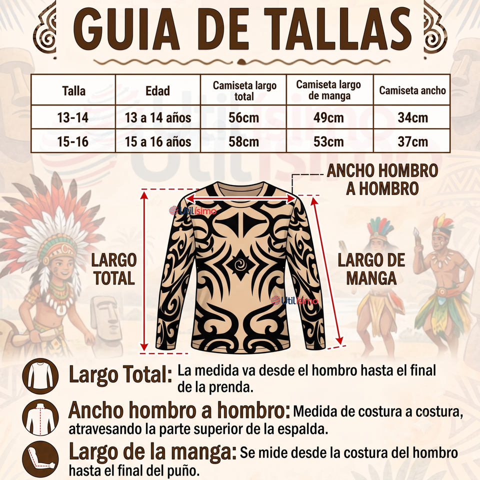 Traje Pascuense Completo 5 Piezas Polera Tatuajes Juvenil Rapa Nui Fiestas Patrias