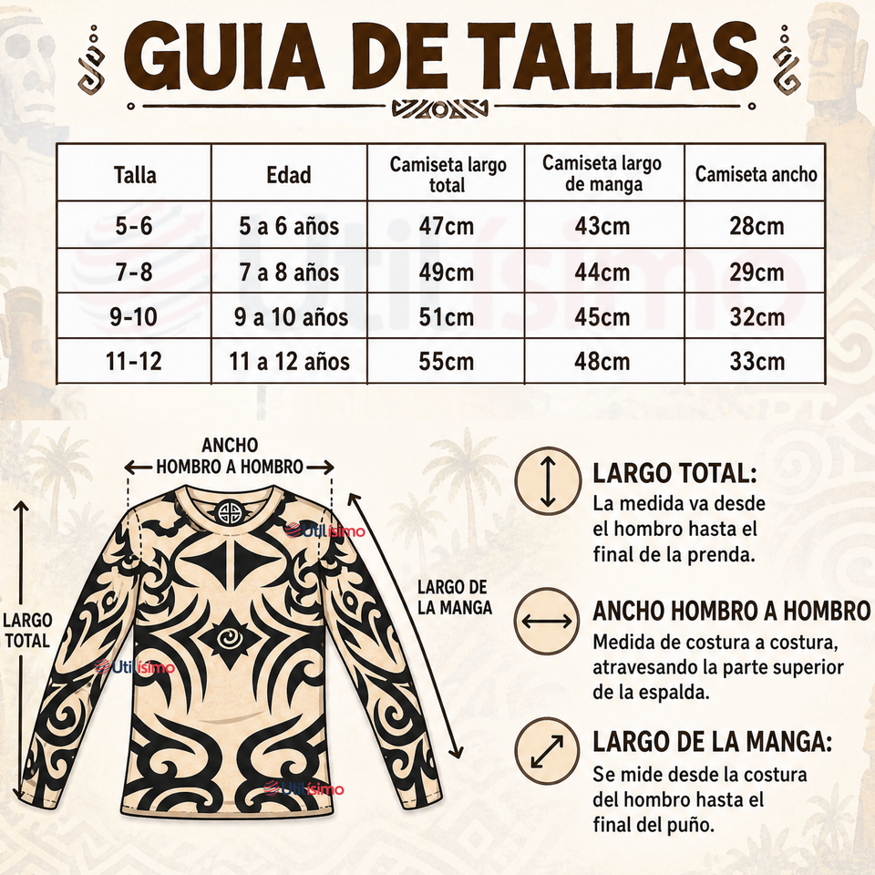 Traje Pascuense Completo 5 Piezas Polera Tatuajes NIño Rapa Nui Fiestas Patrias